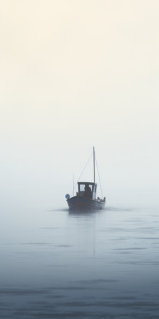 a boat peacefully glides on a serene sea, reminiscent of the artistic styles of mikko lagerstedt, fairfield porter, and traditional british landscapes. the image captures a cold and detached atmosphere, with a misty ambiance that evokes the works of hubertine heijermans. the monochromatic simplicity adds to the overall aesthetic appeal. ai generatedの素材