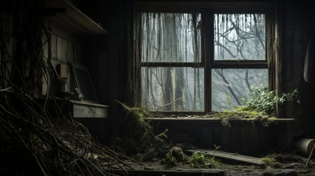 an abandoned room with a windowsill, showcasing atmospheric woodland imagery. this 8k resolution photograph captures the essence of nature with its natural fibers and twisted branches. the schlieren photography technique adds a unique touch to the image, while the cabincore aesthetic creates a dark and brooding ambiance. perfect for those who appreciate designer visuals with a touch of mystery. ai generatedの素材