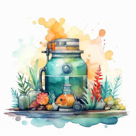 an aquarium with a water fountain is depicted in this watercolor drawing, showcasing a light teal and amber color palette. the artwork captures a kitchen still life with steampunk creatures, adding a cute and colorful touch. the use of a konica big mini camera enhances the organic and fluid feel of the piece, while highly detailed foliage adds depth and intricacy. ai generatedの素材