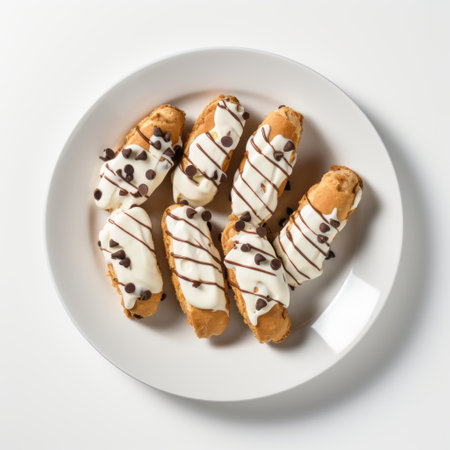 two cheese and chocolate napolitan tortolli are beautifully presented on a white plate. these elongated forms, digitally enhanced to showcase their light brown and white colors, appear soggy yet visually appealing. the tortolli are dotted with rollerwave patterns, creating an interesting black-and-white contrast. ai generatedの素材