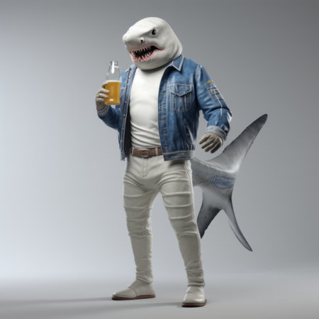 a man wearing a shark costume holds a beer in front of him. this photo, created in the style of vray, combines elements of white and amber colors. the composition merges neo-concrete influences with depictions of animals and people. the use of photo-realistic techniques adds depth to the image, while the berrypunk aesthetic brings a simplified yet vibrant touch. ai generatedの素材