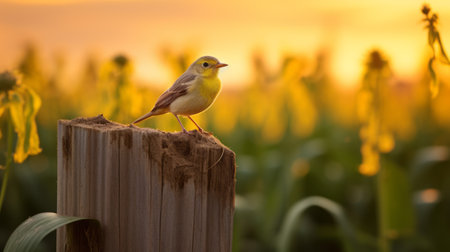a songbird perches on a forest fence, bathed in golden light. this national geographic photo captures the rural charm of america, with its emotive fields of color and frequent use of yellow. the image showcases the artistry of focus stacking, creating a captivating scene that exudes a naive charm. ai generatedの素材