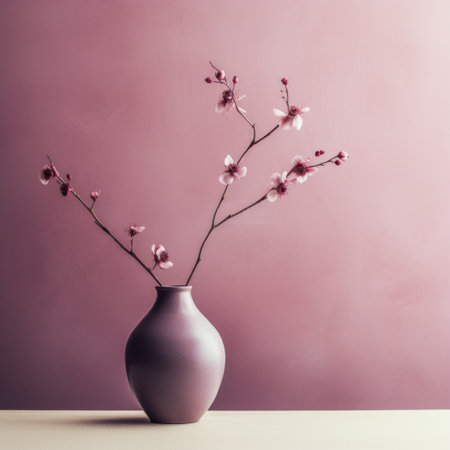 a pink vase sits on a table, showcasing muted tonality and traditional japanese artistic techniques. captured through ultraviolet photography, the image features a subdued color palette with hints of light maroon and gray. cherry blossoms add a touch of elegance to the minimalist background. ai generatedの素材