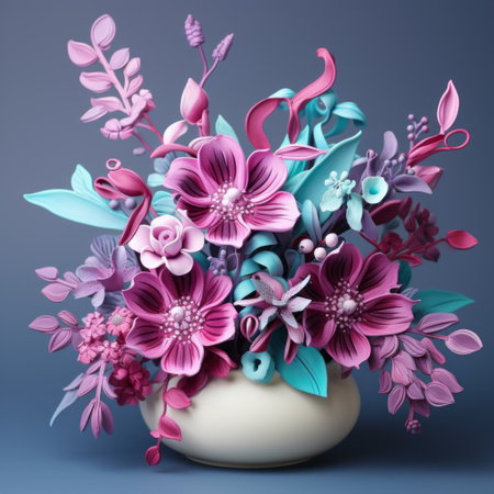 3d flower arrangement featuring vibrant and intricate illustrations of flowers on a blue background wallpaper. the arrangement showcases organic sculpting and contemporary ceramics, with a vibrant use of light and shadow. the flowers are in the style of light magenta and dark aquamarine, complemented by intricate foliage in light white and dark magenta. ai generatedの素材