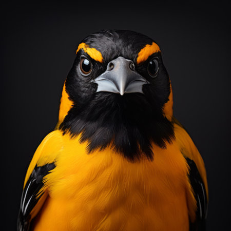 an orange and black bird is captured in a studio portrait-style photograph, with dark yellow and black colors. the softbox lighting enhances the sharp and clever humor portrayed by the bird's strong facial expression. the bold character designs, created using zbrush, make this image truly captivating. ai generatedの素材