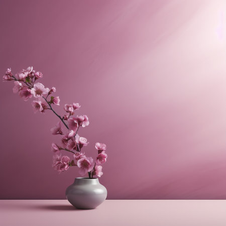 a pink flower vase sits on a large table, creating a striking contrast against the background. this photo, rendered in the style of octane render, showcases an oriental minimalism theme with cherry blossoms. the light silver and violet hues add a touch of elegance to the monochromatic imagery, reminiscent of japanese-inspired aesthetics. the vibrant stage backdrops further enhance the visual impact. ai generatedの素材