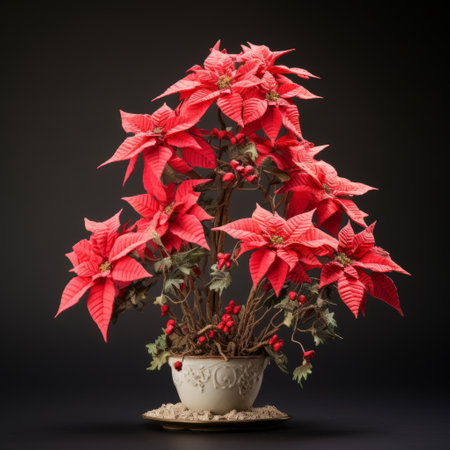 poinsettia flower in a ceramic vase, inspired by the artistic style of mike campau and abbott fuller graves. this arrangement showcases traditional japanese techniques, featuring a symmetrical layout and miniature sculptures. the use of frottage adds depth and texture to the composition. captured with a hasselblad h6d-400c camera. ai generatedの素材