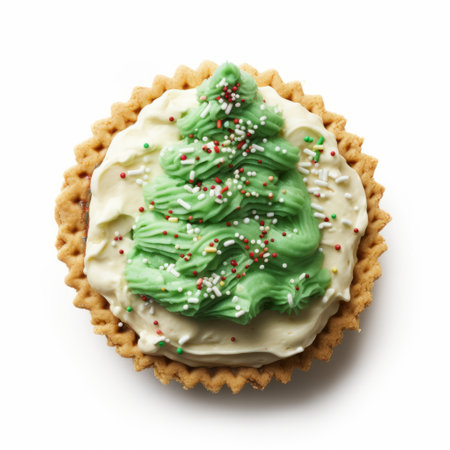 a banana cream pie with a christmas tree-shaped green frosting and festive sprinkles on top, showcased on a clean white background. ai generatedの素材
