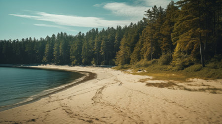 a stunning 8k resolution photograph showcasing a serene beach adorned with lush trees and soft sandy shores. this captivating image, influenced by the vancouver school style, features a cross-processed effect that enhances the dark emerald and beige tones. with its 32k uhd quality, this national geographic photo beautifully captures the essence of nature-inspired compositions. ai generatedの素材
