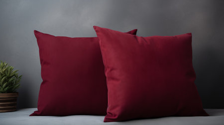 red pillows in burgundy add a pop of color against a grey background. the matte photo style enhances the raw, unpolished authenticity of the rubber material. with stainswashes and a dullcore aesthetic, these pillows bring a unique and edgy vibe to any space. perfect for those who appreciate the contrast between raw and finished elements. ai generatedの素材