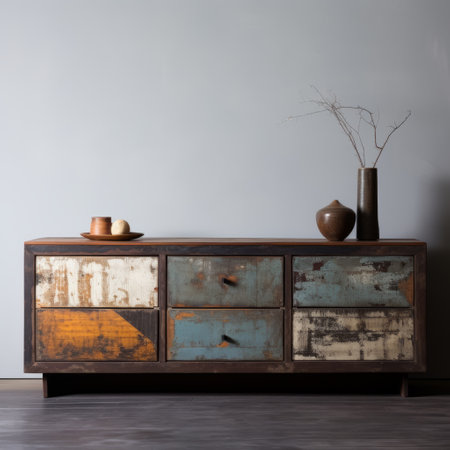 vintage dresser with black drawers, showcasing traditional japanese artistic techniques. the rustic debris adds character to the dark white and light indigo color scheme, embodying urban minimalism. the uhd image captures the dresser's intricate details, while the use of adox silvermax film enhances the light blue and amber tones. ai generatedの素材