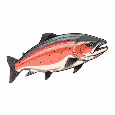 a realistic design of a fish on a white background, featuring bold outlines and flat colors. the fish is depicted with light pink and dark orange hues, creating a striking visual contrast. this high-resolution image showcases hyper-realistic animal illustrations, capturing the fish's strong facial expression. the use of light emerald and crimson adds depth and vibrancy to the artwork. ai generatedの素材