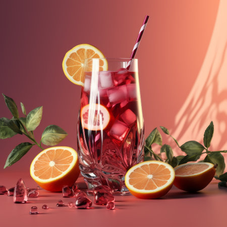 a glass filled with orange and lemon juice, adorned with ice and leaves, sits on a pink surface. the vray tracing technique brings out the dark red and silver hues, creating a hyper-detailed and realistic rendering. this image, created by kimoicore, is perfect for a website looking to add a touch of spontaneity and liveliness. ai generatedの素材