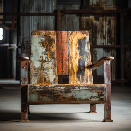 old rusted furniture made out of scrap metals, featuring a dark sky-blue and light amber color scheme. this unique piece evokes a strong emotional impact, reflecting an exploration of urban culture and the emerging manapunk aesthetic. the furniture's polished concrete and timber frame construction adds to its industrial charm, while the hard edge painterly details enhance its artistic appeal. ai generatedの素材