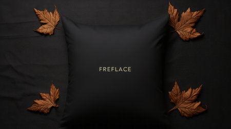 a gold pillow with minimalist typography design is showcased in this photo. the dark black and orange color scheme adds a touch of firecore and timeless grace. the background features leaves, creating a minimalistic landscape. this luxurious fabric accessory is perfect for adding a touch of elegance to any study place. ai generatedの素材