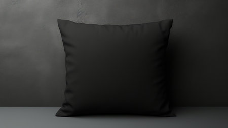 a black pillow is showcased in the dark, contrasting against a gray wall. the photo features a realistic yet stylized style with flat backgrounds, reminiscent of industrial and product design. the matte finish adds to the overall aesthetic, while the 8k resolution ensures a highly realistic viewing experience. ai generatedの素材