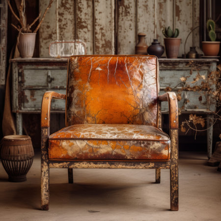 the leather armchair in this photo is an antique distressed vintage piece, showcasing a beautiful blend of light brown and orange hues. captured with a nikon d750, the image highlights nature-inspired motifs and the art of kintsugi. this maximalist piece adds a touch of elegance to any interior with its smooth and shiny appearance. ai generatedの素材
