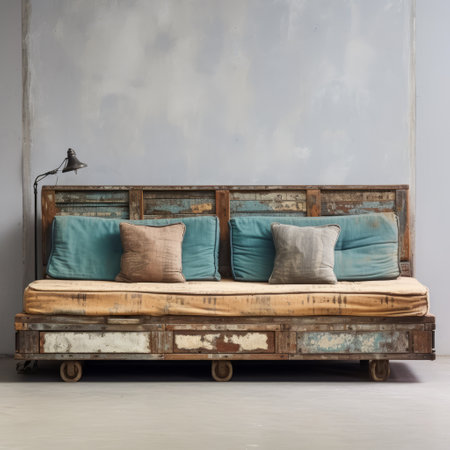 handmade rustic bed made out of old wooden crates, showcasing a light sky-blue and brown color scheme. this unique piece combines elements of conceptual minimalism, balinese art, and retro vintage style. with its dark gray and light amber accents, it exudes a late 19th-century charm. the pastel color schemes add a touch of softness to the overall aesthetic. ai generatedの素材