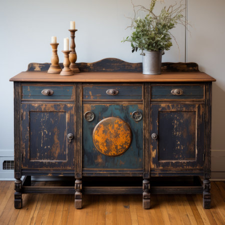 vintage italian painted sideboard in antique blue and brass finish. this rustic americana piece showcases a dark sky-blue and dark amber color scheme, reminiscent of the secessionist style. with its depth of layers and torn, distressed edges, it exudes a manapunk vibe. the dark green accents add a touch of elegance to this unique sideboard. ai generatedの素材