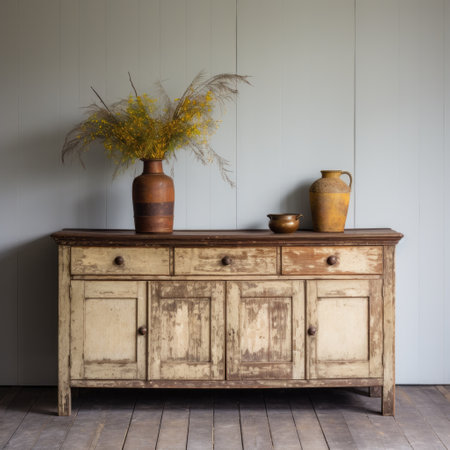 an old dresser adorned with a vase and flowers, showcasing the charm of english countryside scenes. the rough hewn surfaces of the dresser exude a rustic appeal, while the dark beige and yellow tones create a warm and inviting atmosphere. the expansive spaces around the dresser allow the beauty of the arrangement to shine, with a touch of light white and light indigo adding aの素材