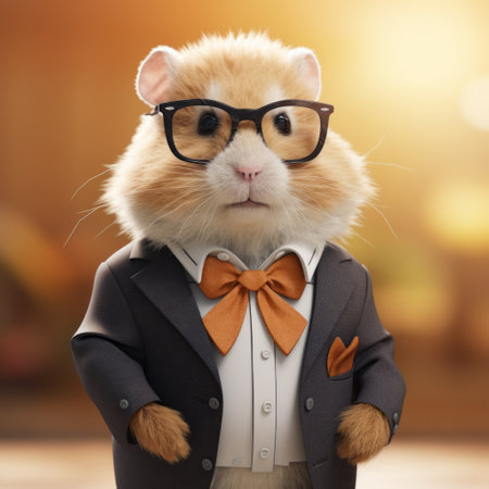 a cute little hamster wearing a green shirt and bow tie is captured near a window. this rendered image, created in cinema4d, showcases celebrity portraits with unique personalities. the hamster's attire features detailed costumes in light gold and orange tones, adding an elegant touch. this photo was taken using a nikon d850 and can be found on flickr. ai generatedの素材