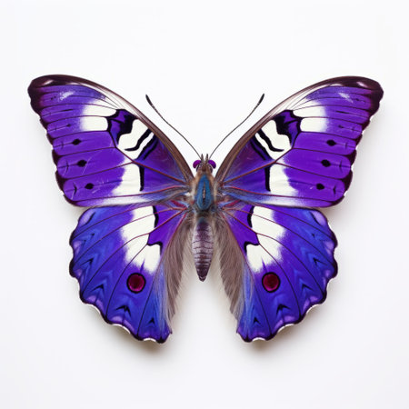 a butterfly gracefully flies against a pristine white background, showcasing its vibrant violet and silver hues. this captivating image captures the essence of site-specific artworks and evokes the beauty found in nature. with a touch of dark cyan and crimson, it resembles a mesmerizing found-object art piece. the butterfly's naturalistic beauty is reminiscent of symmetrical bird portraits, making this photo a true visual delight. aiの素材