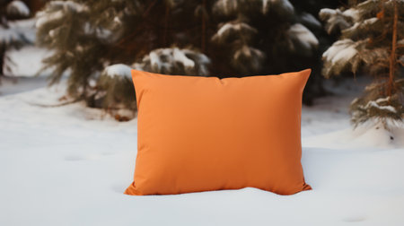 an orange pillow contrasts against the snowy backdrop of a winter landscape, positioned next to a tree. this dynamic outdoor shot captures the minimalist purity of the scene. with a resolution of 32k uhd, the photo showcases luxurious fabrics and the rectangular fields add to its high-quality appeal. rtx on enhances the visual experience. ai generatedの素材
