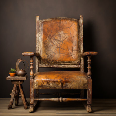an old leather chair, inspired by nature and crafted in the style of the american studio craft movement, sits on a rustic floor next to a table. the chair's design incorporates elements of 15th-century aesthetics, creating a juxtaposition of old and new. restored and repurposed, this digitally enhanced photo captures the charm of this unique piece. ai generatedの素材