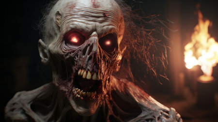 a zombie, in the style of ray tracing, is depicted in this photo. the textured expressions and close-up intensity capture the essence of halloween. rendered in unreal engine, the dark white and bronze tones add to the eerie atmosphere. this captivating shot was taken on 70mm film. ai generatedの素材