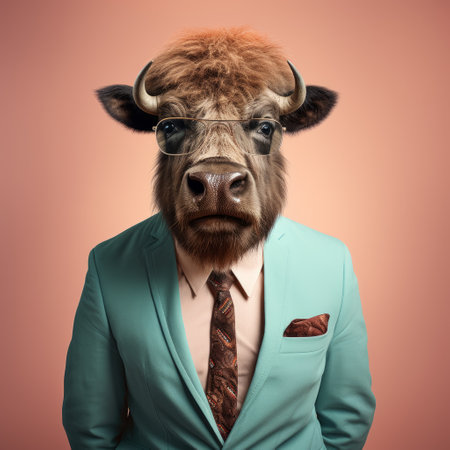 a man wearing a suit and tie confidently poses with a bull on his head. this humorous and bold fashion photography showcases a mashup of styles, combining hyperrealistic animal portraits with a light turquoise and light brown color scheme. the dark beige and orange tones add to the striking and vibrant aesthetic of this unique image. ai generatedの素材