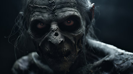 a zombie makeup makeover for gta 4, rendered in cinema4d with the atmospheric and moody lighting of frostpunk. the zeiss milvus 25mm f14 ze lens captures the fantastical and imaginative creatures with digitally enhanced details. the photo showcases strong contrast between light and dark, creating a visually captivating scene. ai generatedの素材