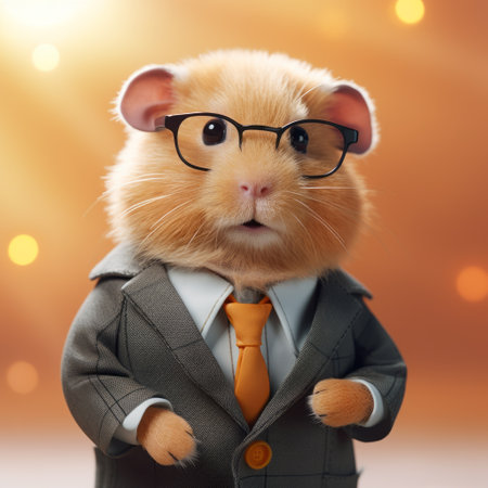 a guinea pig dressed in a business suit, captured in a photorealistic rendering style. this 32k uhd image showcases the guinea pig's social media portraiture, with a color palette of light orange and gold. the image embodies the trend of grandparentcore and features imaginative characters, creating a captivating bokeh effect. ai generatedの素材
