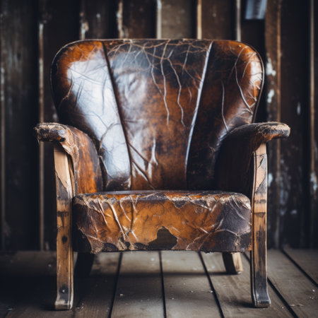 an antique leather chair, with a nature-inspired camouflage design, rests against a weathered wooden wall. the chair's worn appearance, marked by pulls, scrapes, and scratches, exudes emotive body language. the combination of light amber and indigo hues adds a touch of futurist claims to the overall aesthetic. this captivating image evokes a sense of humanistic empathy and embodies the essence of cabincore. ai generatedの素材