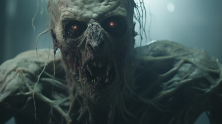 a zombie with bright red eyes stands near lights in a dark room, showcasing the intricate underwater worlds created in the style of unreal engine 5. the zombie, made of vines, exudes a close-up intensity captured by the zeiss batis 18mm f2.8 lens. this captivating image combines elements of horror and artistry, evoking the works of eve ventrue and sebastian errazuriz. ai generatedの素材