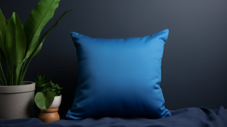 blue pillow on a black background with a green plant. matte background, smooth and polished. vibrant spectrum colors, softbox lighting. light maroon, light indigo, light beige, and dark azure. liquid light emulsion. ai generatedの素材
