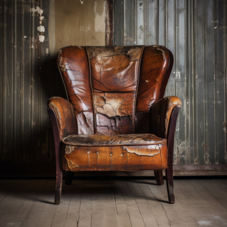 an old brown leatherhide chair sits in front of a rusty metal shack in a dark basement. this unique and one-of-a-kind vintage piece exudes elegance with its marbleized light brown and navy color. the creased, crinkled, and wrinkled texture adds character to the light amber and beige tones. ai generatedの素材