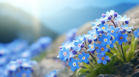 a blooming forget-me-not flower in the mountains of guangxi, captured in stunning macro photography. the white, fluffy petals stand out against a bright background, creating a realistic and vivid image. the large depth of field, 16k, allows for intricate details to be captured. ai generatedの素材