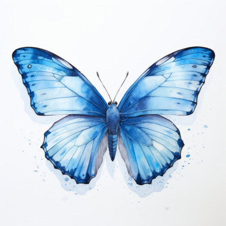 a blue watercolor butterfly, isolated on a white background, captures the essence of realistic still lifes with dramatic lighting. the dark white and aquamarine hues create a striking contrast. this artwork is reminiscent of recycled material murals, joyous figurative art, and monochromatic compositions. the hyperrealistic portrayal of the butterfly showcases the artist's talent in creating lifelike animal portraits. the minimalist ink painting style adds aの素材