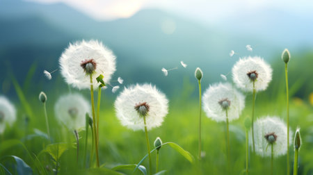 a blooming dandelion in the mountains of guangxi, captured in macro photography. the white, fluffy petals stand out against a bright background, creating a realistic and vivid image. the large depth of field, 16k, allows for intricate details to be captured. ai generatedの素材