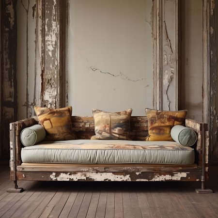 an old wooden couch with cushions purchased from a hardware store, featuring hudson river school style. the cushions showcase muted, earthy tones, reminiscent of mixed media installations and romantic ruins. the color palette includes light yellow and light indigo, reflecting tonalism. the couch also incorporates industrial elements. ai generatedの素材