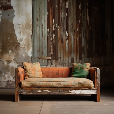 an old and tired couch, in the style of industrial chic, sits on a table in front of weathered walls. the distressed orange and green surfaces add to the romantic atmosphere. the timber frame construction adds a contemporary touch to the overall look. the image captures the contrast between fact and fiction, with whitewashed narratives. ai generatedの素材