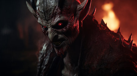 a demon with long hair and glowing eyes stares into a fire, showcasing a photorealistic rendering style reminiscent of peter coulson's work. the image is created using unreal engine, highlighting detailed textures and a backlight effect. the macro zoom captures the ghoulpunk aesthetic, adding an eerie and captivating atmosphere to the scene. ai generatedの素材