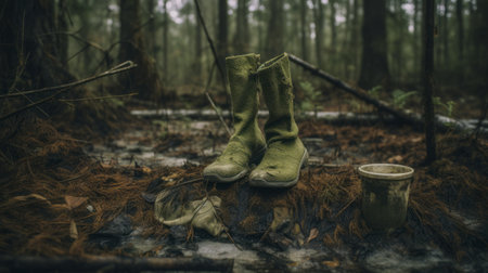 an old pair of boots and a coffee cup sit atop a wet, green forest in the style of tami bone. the nature-inspired camouflage, raw and unpolished, captures the essence of the scene. shot with a goerz hypergon 65mm f8 lens, the image exudes a rough gesturalism that is thought-provoking. the olive cotton adds to the overall aesthetic. ai generatedの素材