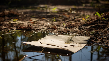 wooden envelope found in water puddle, featuring selective focus and dissected books. the nature-inspired camouflage blends with the australian landscape. captured with canon eos 5d mark iv, the photo plays with light and shadow on an unprimed canvas. ai generatedの素材