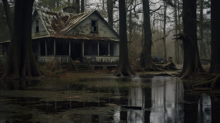 a cabin submerged underwater amidst eerie trees, showcasing the essence of the southern countryside. the image captures the essence of gritty urban scenes with selective focus, while also evoking elements of creepypasta. the distressed and weathered surfaces of the cabin add to its historical reproduction, intentionally resembling a canvas of the past. ai generatedの素材