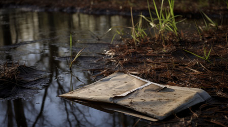 a brown document lies in a small puddle amidst woods and grass, showcasing the artistic style of printed matter by alessio albi. the image captures reflections and features a high-definition (uhd) quality. the document appears burned and charred, with folded planes adding depth to the composition. the photographer has employed selective focus to draw attention to the subject. ai generatedの素材