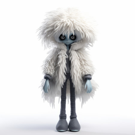a big white animal, resembling a plush doll, stands gracefully in a snowy landscape. this whimsical cyborg, with detailed character design, showcases the fusion of poodlepunk and sombre aesthetics. rendered in cinema4d, this slender creature captivates with its unique style and enchanting presence. ai generatedの素材