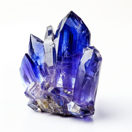 tanzanite crystal from odessa, michigan, usa. this blue crystal, with its dark purple and light beige hues, resembles the artistic style of damien hirst. captured against a white background using tilt-shift lenses, it exudes powerful symbolism with its spiky mounds and symbolic elements. ai generatedの素材