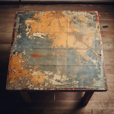 an old blue distressed painted end table with a broken tabletop sits in an old room, showcasing the earthy expressionism style. the light red and yellow hues add a touch of warmth to the scene. captured with a mamiya 7 ii camera, this late 19th-century piece carries the essence of the works progress administration (wpa) era. its raw vulnerability evokes a sense of the edoの素材