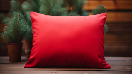 red pillow on wooden table background, featuring a high-quality 8k resolution. this photo showcases a unique xmaspunk style, with hidden details that add intrigue. the dynamic outdoor shots capture the essence of the scene, while vibrant color-blocking enhances the visual impact. the cabincore aesthetic adds a cozy and rustic touch. perfect for those who appreciate the beauty of nature and desire a visually stunning image.の素材
